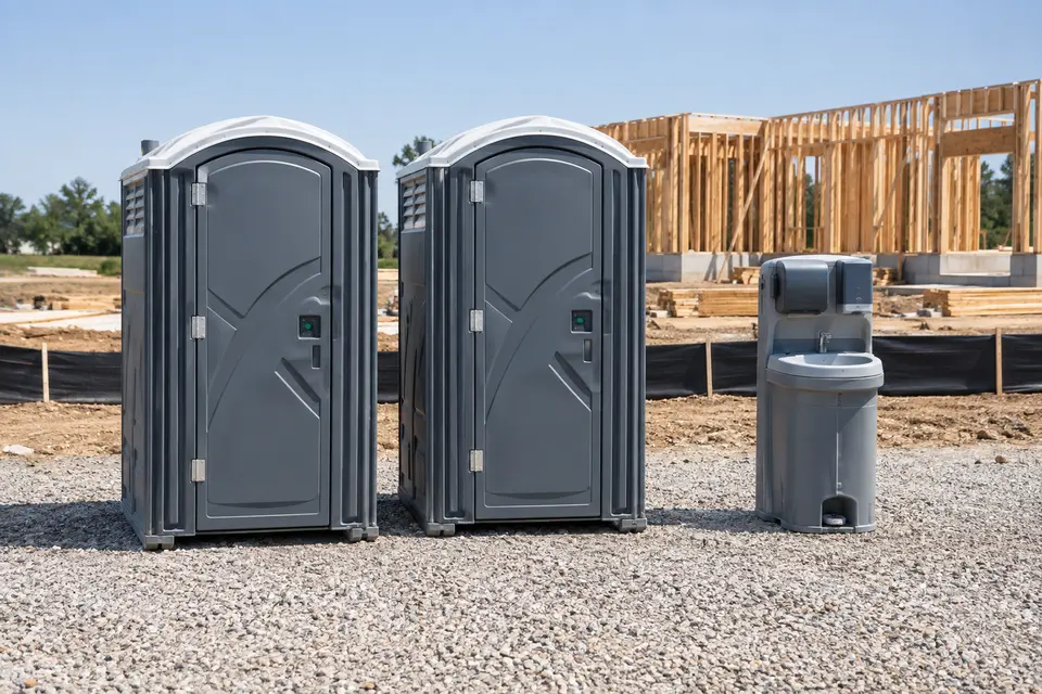 Portable toilets and handwashing beside a construction project