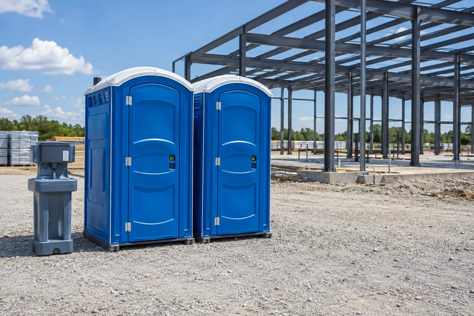 Portable toilets and washing facilities beside a construction frame